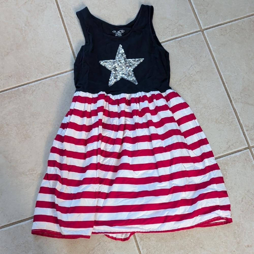 The Children's Place Navy & Red Striped Sequin Star Tank Dress, 4th July Size 10